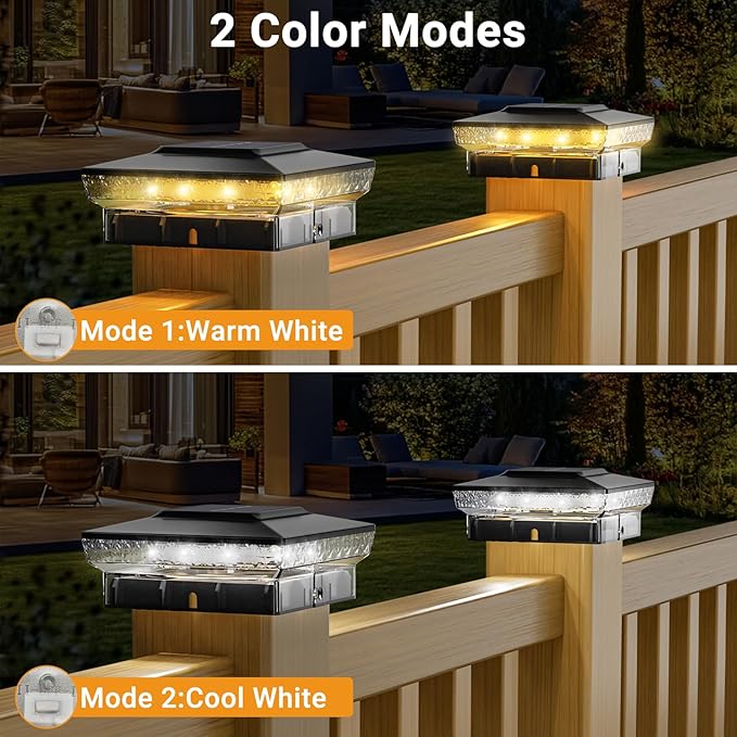 btfarm 12 Pack Solar Post Cap Lights Outdoor, 2 Color Modes 16 LED Fence Post Lights Fit 4x4 3.5x3.5 Wooden/Vinyl, Bright Waterproof Solar Powered Deck Lighting Outside for Patio Porch Garden, Black