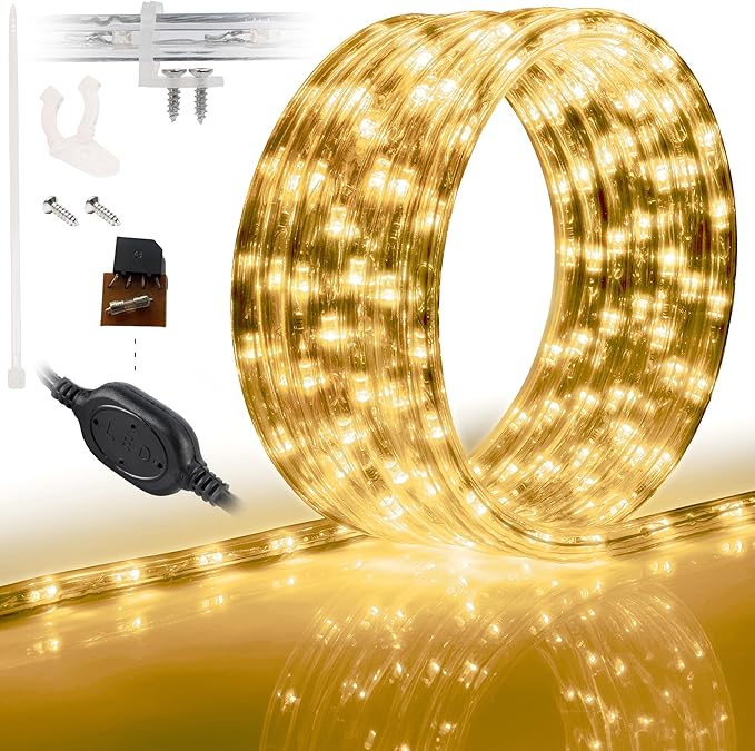 WYZworks 1116LEDs, 100ft LED Outside Rope Lights, Waterproof Permanent Outdoor ETL Certified Connectable Clear Tube, Christmas Palm Tree Holiday Decorative Landscape Patio Accent Lighting - Warm White