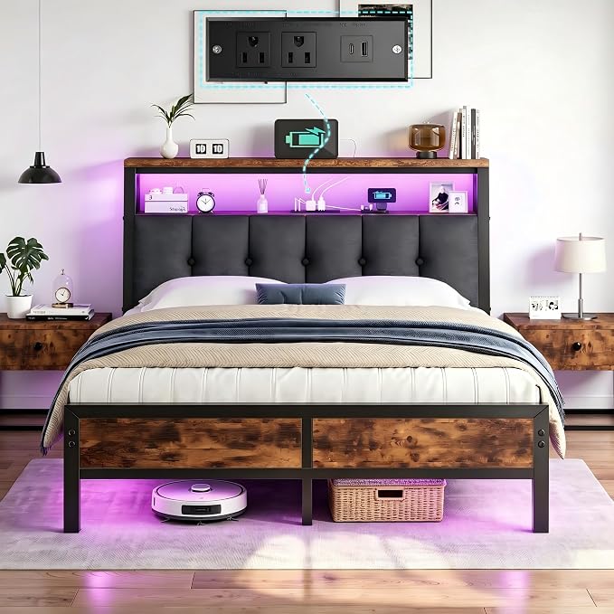 Homkdom Full Size Bed Frame with Headboard & Charging Station | Linen Upholstery, 2-Tier Shelf, 2 Outlets, USB-A, Type-C, RGB LED Remote, 12" Underbed Space, 900 lbs, No Box Spring, Brown