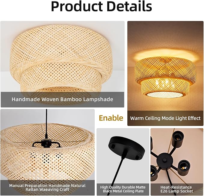 Woven Bamboo Pendant Light,23.6" Rattan Chadelier | 23.6" Boho Bamboo Chandelier,Hand Woven Wicker Hanging Light for Kitchen Island Dining Bedroom Living Room Restaurant