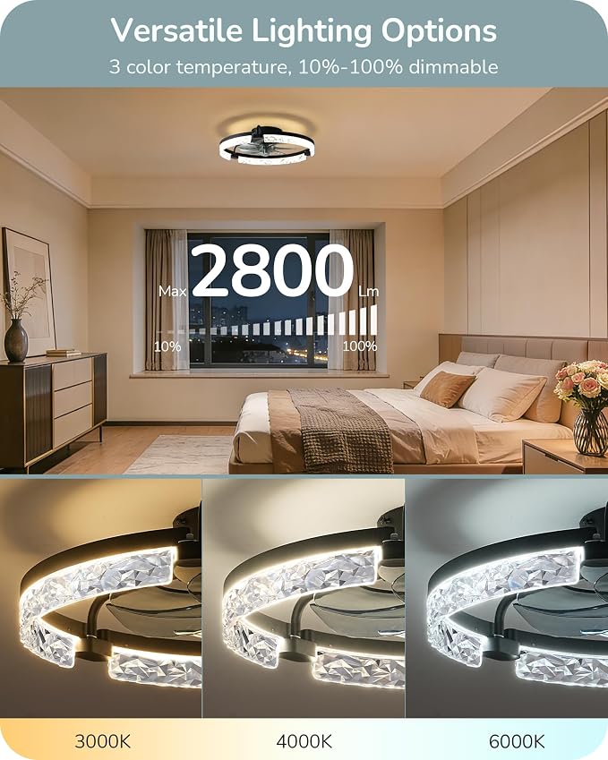 EDISHINE 20'' Ceiling Fans with Lights and Remote, 6 Speeds LED Modern | Flush Mount, DC Motor, APP Control, Black Fandelier, Low Profile Ceiling Fan for Bedroom, Kitchen 3000-6000K Dimmable