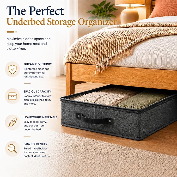 Under Bed Storage, Large 2pc with Lid, Dark Gray | Drawer-style pull-out design, Fits blankets, clothes, fabric & shoes, Bins with lids, Bedroom & closet storage
