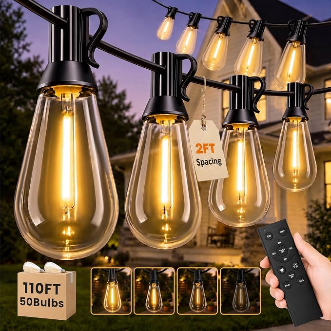 110FT(100+10) Outdoor String Lights, 2FT Spacing 50 LED Edison Bulbs, Waterproof, Shatterproof, Dimmable, Warm White, 3 Modes, Timer, Plug in Hanging Backyard Lights for Outside, Patio