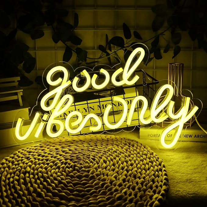 JFLLamp Good Vibes Only Neon Signs for Wall Decor Neon Lights Led Signs Suitable for Living Beer Bar Game Room Hotel Birthday Party Restaurant Christmas Unique Gift for Lover, 16.5 * 10 Inch(Yellow)