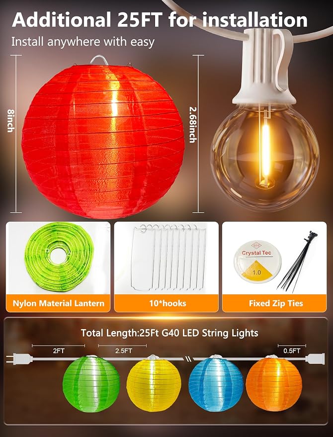 25FT Colorful Lantern String Lights Outdoor Waterproof, 10 Nylon 8-Inch Hanging Lanterns with 11 G40 LED Bulbs, End-to-End Connectable Decorative Patio Lights for Party, Garden, Backyard