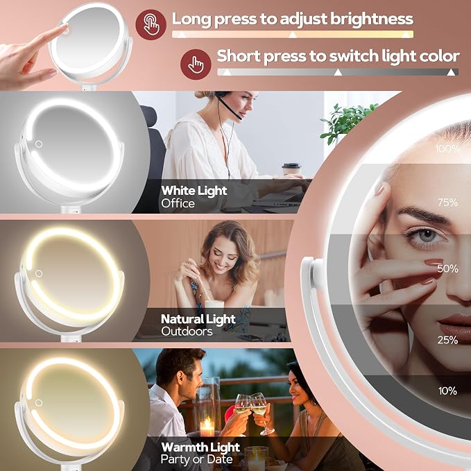 Vanity Mirror with Lights, 30X Magnifying Makeup Mirror with 3 Lighting and Adjustable Brightness, Rechargeable 2-Sided Height Adjustable Desk Mirror for Bathroom, Women Gifts for Mom