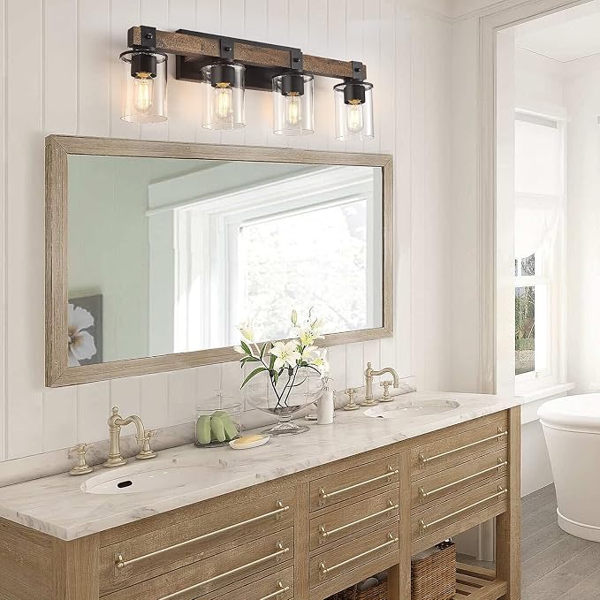 DUJAHMLAND Farmhouse Vanity Light Fixture, Industrial 4-Light Wood Wall Sconce Bathroom Vanity Lighting with Clear Glass Lights Shade,for Hallway,Kitchen,Bedroom(Antique Wood, 4-Light)