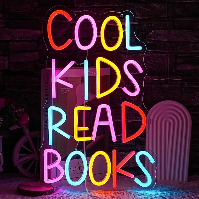 Cool Kids Read Books Neon Sign for Wall Decor Reading Letter LED Neon Lights Library Neon Light Sign Kids Room Library Classroom Reading Corner Decoration(16.5''*10.6'')