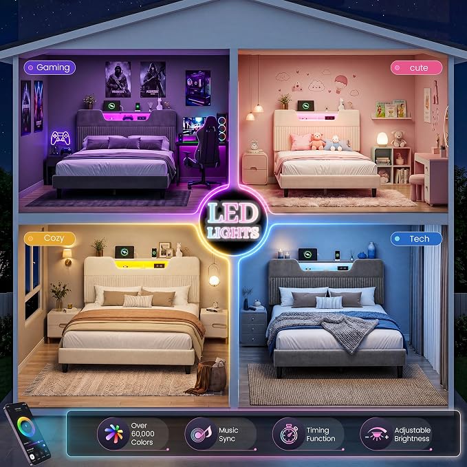 Homkdom King Bed Frame with Charging Station & Storage Headboard,Grey | 1USB-C & 2USB-A Charging, RGB LED Lights,7.78" Under-bed Storage,Velvet Upholstered Headboard,No Box Spring,Easy Assembly.
