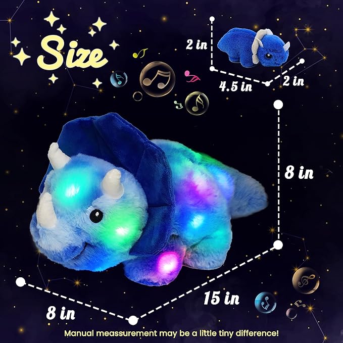 Hopearl LED Musical Stuffed Dinosaur Playset Lighting Up Singing Plush Toy Mommy Triceratops with 3 Babies in her Tummy Adjustable Volume Lullaby Animated Soothe Gifts for Toddlers Boys, Blue, 15”