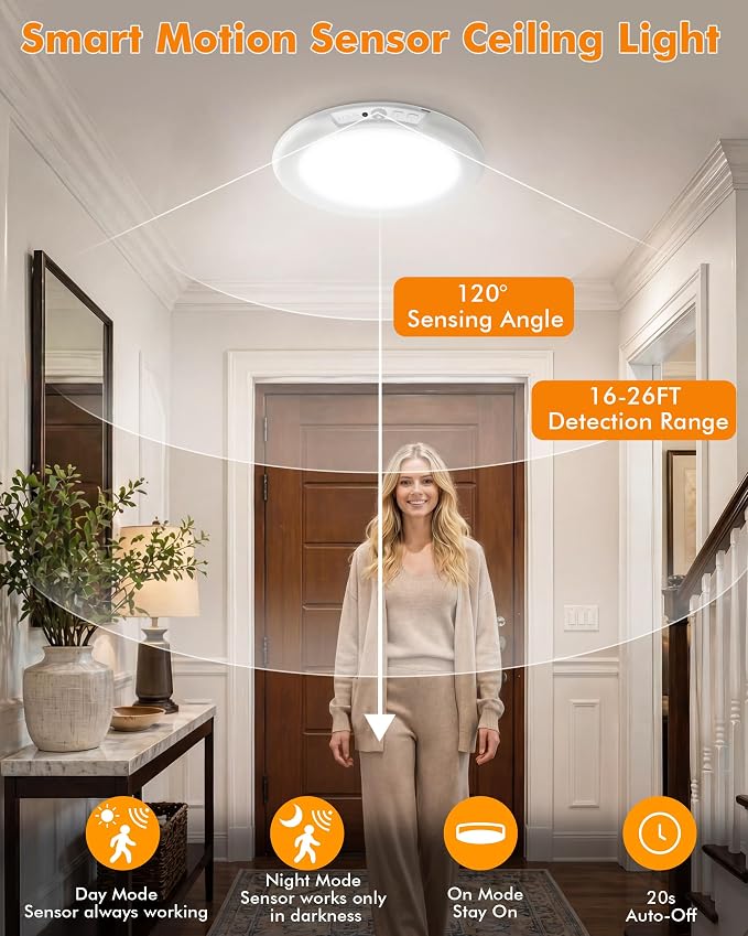 Rechargeable Ceiling Light 6 Pack, Magnetic Motion Sensor with Remote | Wireless Dimmable Battery Operated LED Ceiling Lights for Closet Shower Bathroom Hallway Pantry Shed Porch Stairs