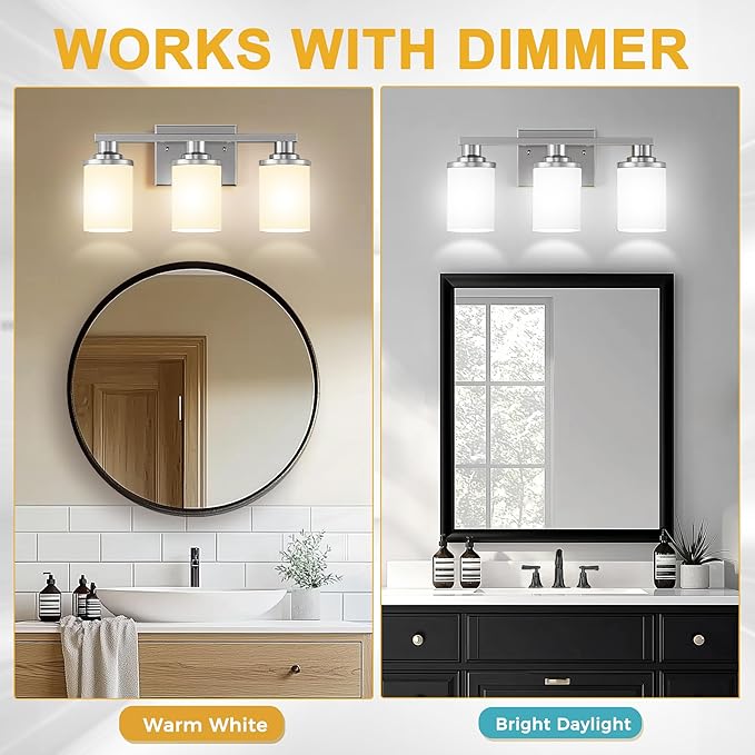L LOHAS LED Brushed Nickel Bathroom Light Fixtures, 3-Light Vanity Light Over Mirror, Wall Sconces with Milky White Frosted Glass Shades for Bedroom, ETL Listed