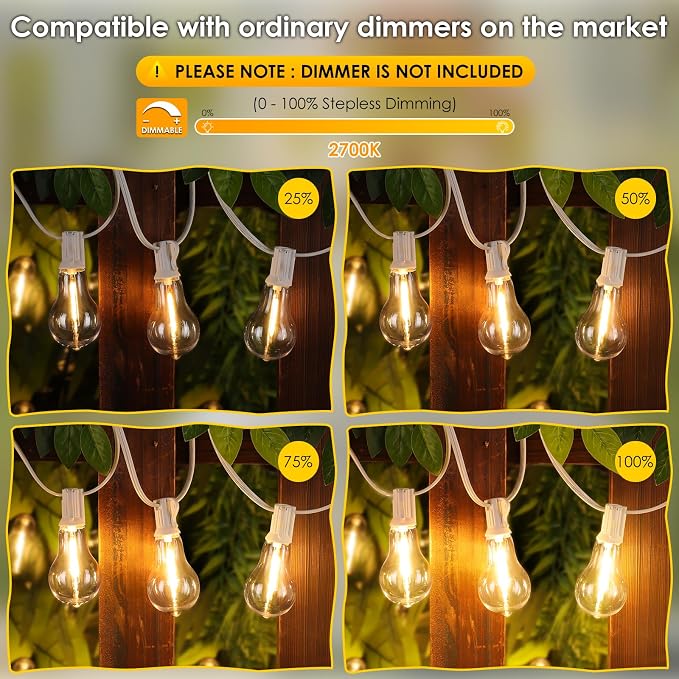 200FT(2x100FT) Outdoor String Lights, 63 A39 Edison Bulbs, White | Plug in, Dimmer not included, Waterproof, Shatterproof, Extendable, LED Hanging Lamp for Christmas Party Tree Decor