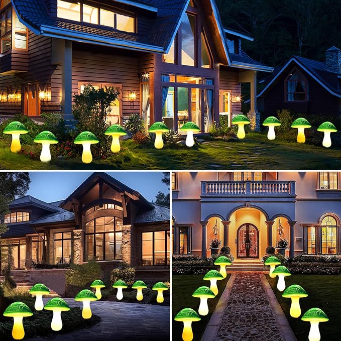 Solar Mushroom Lights Garden Decor 8 Green Crack Mushrooms Outdoor Decor Stake Lights Waterproof Solar Pathway Light Gardening Gifts for St Patrick's Day Easter Gnomes Yard Halloween Xmas Decorations