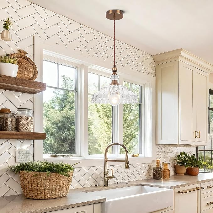 9.8" Small Vintage Pendant Lights for Kitchen Island | Brass Gold Hanging Pendant Lighting Fixture, Petal-shaped, for Dining Room Hallway Bedroom