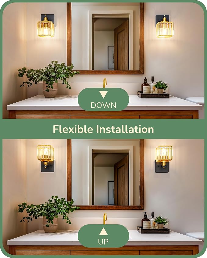 EDISHINE Black Gold Bathroom Vanity Light Fixtures with Crystal Shade, E26 | Set of Two, 1-Light, Up Down Mounting, Wall Sconces for Bathroom, Powder Room, Dressing Areas