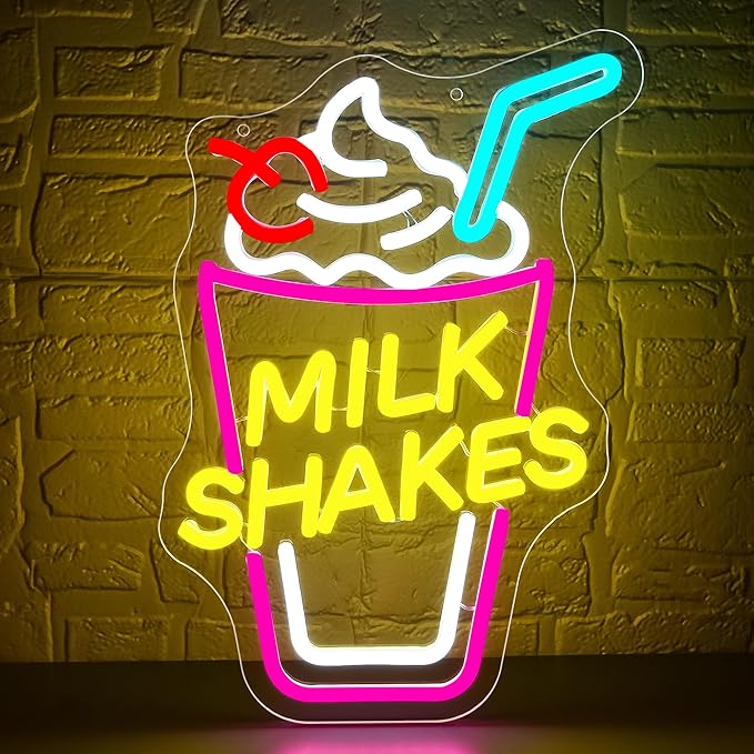 Milk Shake Neon Sign for Wall Decor Dimmable Ice Cream Neon light for Milk Tea Shop LED Neon Light Up Sign for Food Drink Restaurant Dessert Store Bar Birthday Gifts Art Size14.5 * 10In (WZCP221)