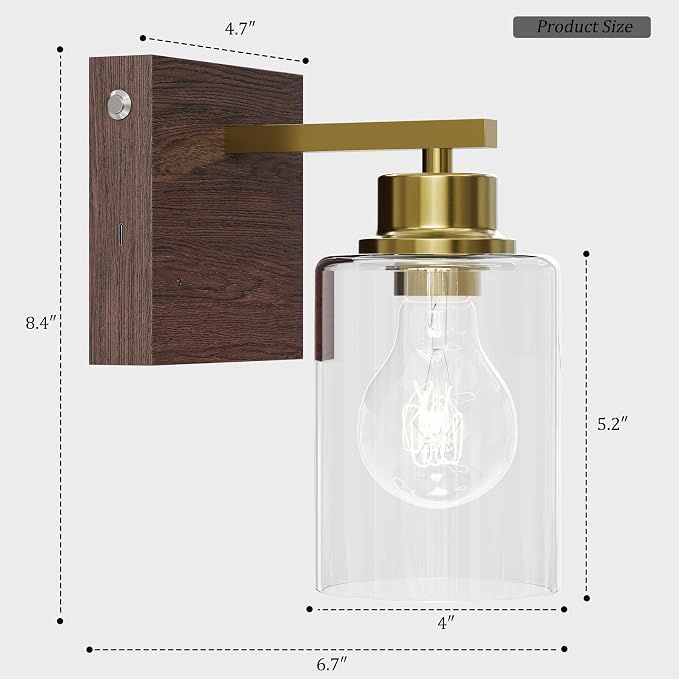 Rayogale Wireless Battery Operated Wall Sconce Set of 2 with Remote Control | Gold & Walnut Dimmable Rechargeable Wall Lights with Timer, Easy Install Glass Lamp for Living Room Bedroom, Emergency 3000K