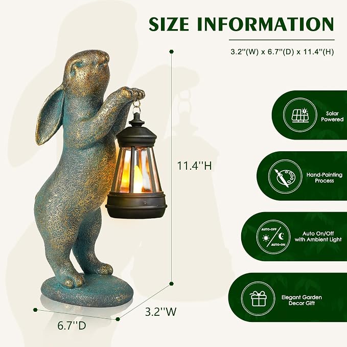 MININOVA Garden Statues Rabbit with Solar Lantern Resin Outdoor Bunny Figurines Decorations for Patio Yard Lawn Ornaments Gifts for Mother's Day Birthday Housewarming