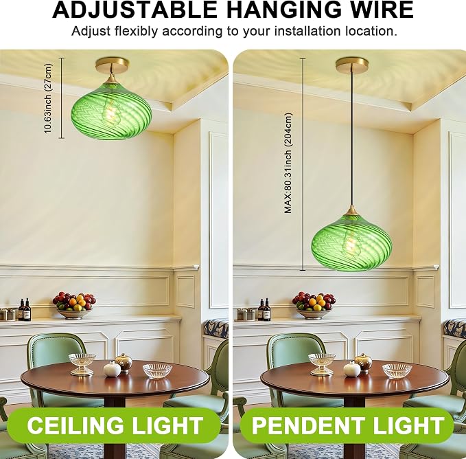 11in Gold Pendant Lights Kitchen Island with Green Glass Shade 1Pack | Handcrafted Glass Pendant Light Fixtures, UL Certified, E26 Base 100W Max, Height-Adjustable, Dimmable Hanging Pendant Light