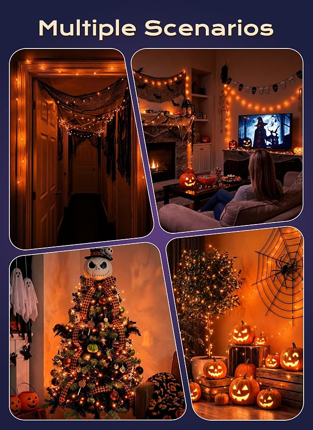 Orange Fairy Lights Plug in, Thanksgiving Fall Decorations, 33FT 100LEDs Halloween String Lights, Waterproof Black Wire Lights for Home Party Ghost Haunted House Indoor Outdoor Halloween Decorations