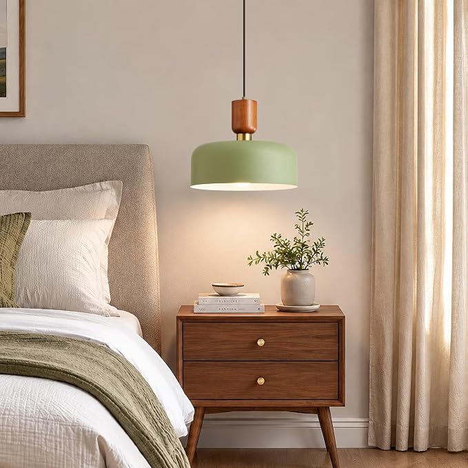 Modern Metal Green Pendant Light: 12" Chandelier Over Kitchen Island Sink | Wood Brushed Brass Mid Century Hanging Ceiling Light, Vintage Farmhouse Fixture for Dining Room Bedroom Hallway Entryway