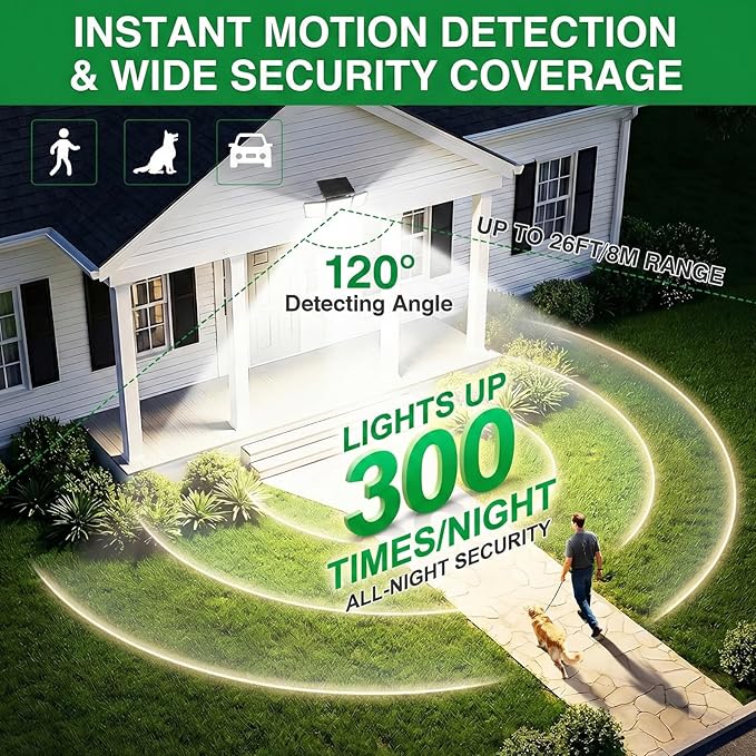 Solar Outdoor Lights Motion Sensor, 3500LM 286 LED Security Flood Lights with Visual Battery & Mode Display, 3 Lighting Modes, IP65 Waterproof 3-Head Wide Angle for Garage, Yard, Patio (4 Pack)
