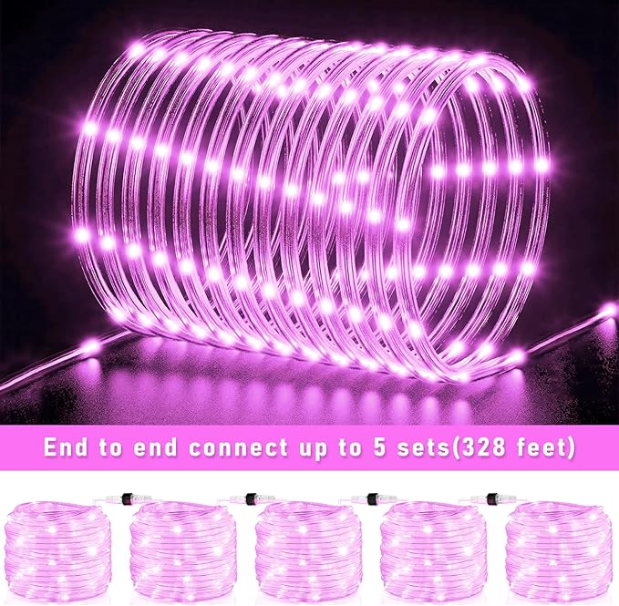 66FT 200 LED Rope Lights Outdoor Waterproof, Connectable Rope Lights for Outside with 8 Modes, Flexible String Lights for Indoor Garden Backyard Patio Pool Tree Holiday Decor - Pink