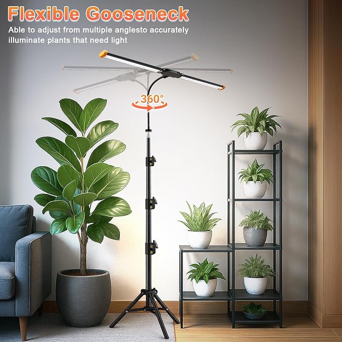 Grow Light with Stand, Super Bright 6000K White Full Spectrum Floor Plant Growing Lamp with Rotatable Light Head & Height Adjustable 17-62" for Indoor Large Tall Plants, Dimmable & Auto Timer 4/8/12H