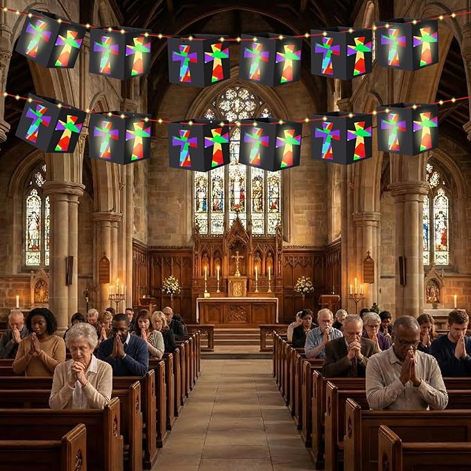 VIHOSE 24 Sets Easter Religious Cross Craft Christian DIY Hanging Lantern Tissue Paper Crafts Included Light String Make Your Own Paper Lantern Decorations for Church Sunday School VBS Activities