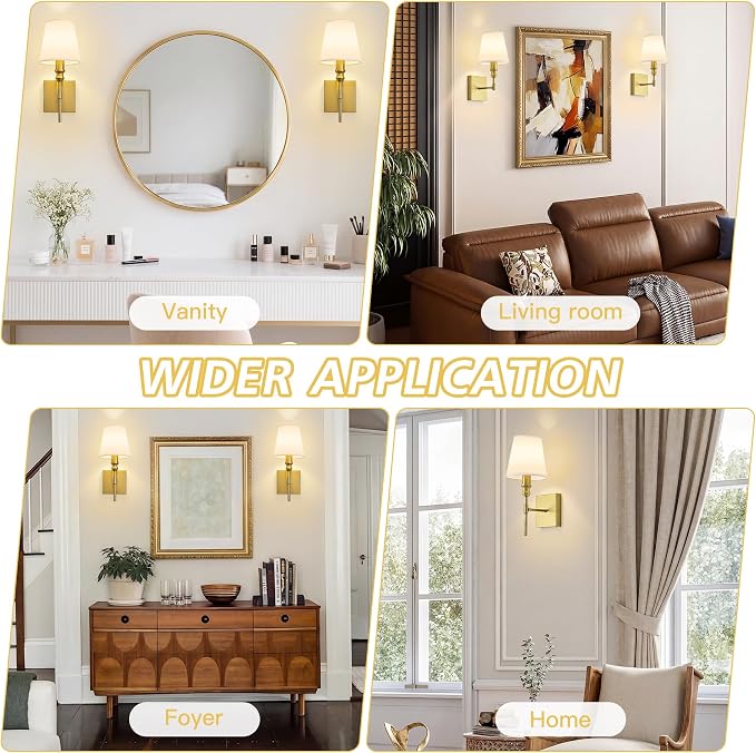 Hardwired Gold Wall Sconces Set of Two, Rustic Bathroom Vanity Lights with White Fabric Shades, Vintage Light Fixtures Convertible Height Wall Light for Living Room Bedroom,Farmhouse,E12 Base