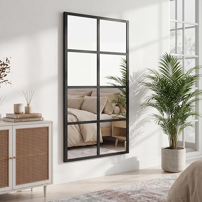 NEWBULIG Wall Mirror, 32" x 16" Window Decorative Mirrors, Metal Framed Wall Decor Wall-Mounted Mirrors for Bedroom, Living Room, Entryway, Black 2 Packs