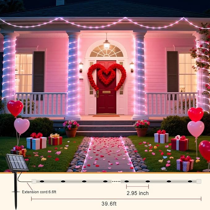2 Pack Solar Rope Lights Outdoor Waterproof, Total 66FT 270 LED Solar String Lights for Outside 8 Modes, Solar Powered Fairy Light for Patio Pool Landscape Walkway Party Holiday Decorations, Pink