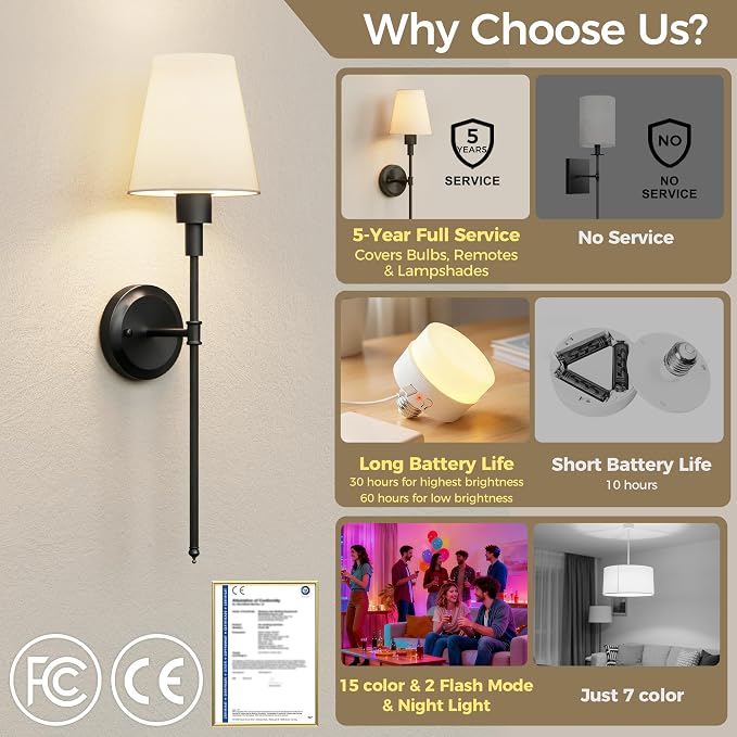 Battery Operated Wall Sconce: Set of 2 Wireless Wall Light 12000mAh | 15 Color Rechargeable Wall Sconces, Sconce Wall Decor Set of 2 for Bedroom, Living Room, Black, 24.6in