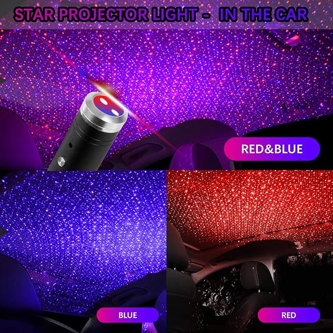 USB Star Light Sound Activated, 3 Colors + 9 Functional Modes, Aevdor Car Ceiling Interior Light, Romantic USB Night Light Decorations for Home Car Room Party Ceiling,Plug and Play (Red&Blue)