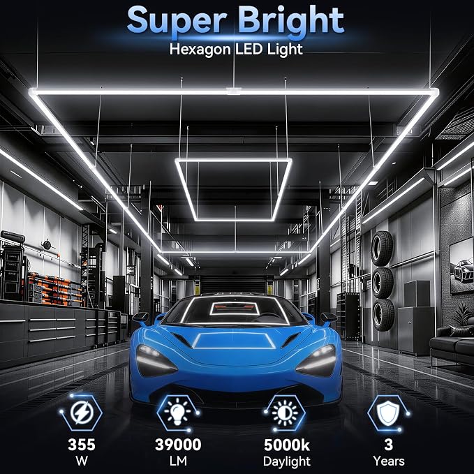 LZHOME LED Garage Lights: Super Bright Suspendable or Surface-Mounted Square Garage Lights, 5000K Natural White LED Lighting Hexagon Shop Light for Warehouse Gym Barber's Shop
