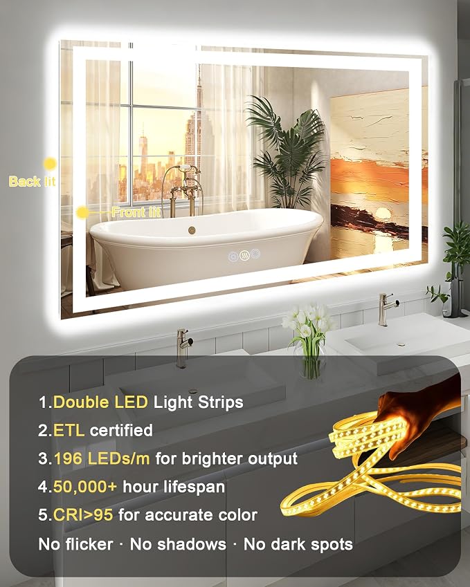 72x32 LED Bathroom Mirror, 6000LM, Separate Front and Back Lights | UL Certified,Shatter-Resistant Tempered Glass,Auto-Off Defogger,3 Color Modes,Smooth Dimming,Smart Memory Setting