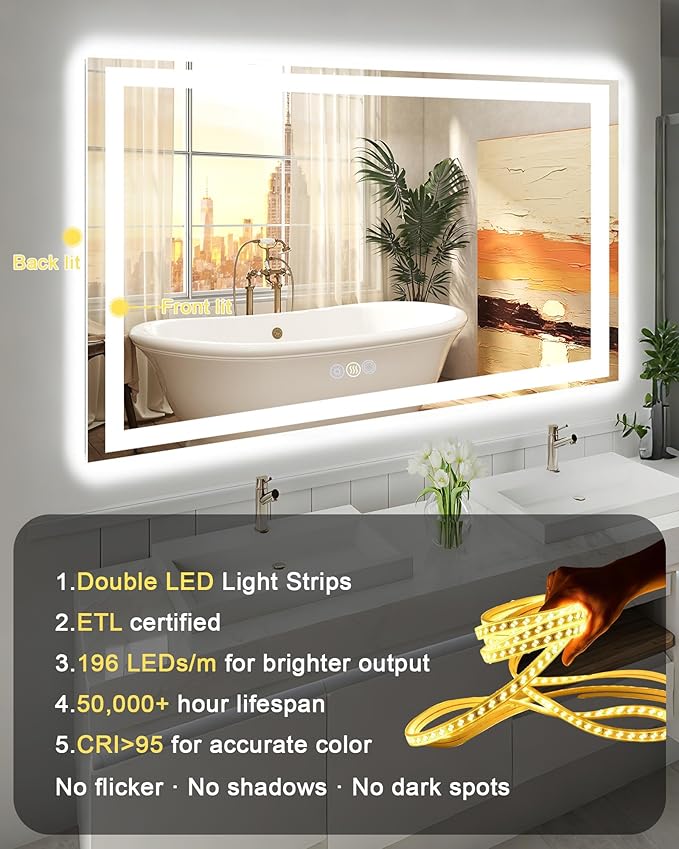 40x30 LED Bathroom Mirror, 6000LM, Separate Front and Back Lights | UL Certified,Shatter-Resistant Tempered Glass,Auto-Off Defogger,3 Color Modes,Smooth Dimming,Smart Memory Setting