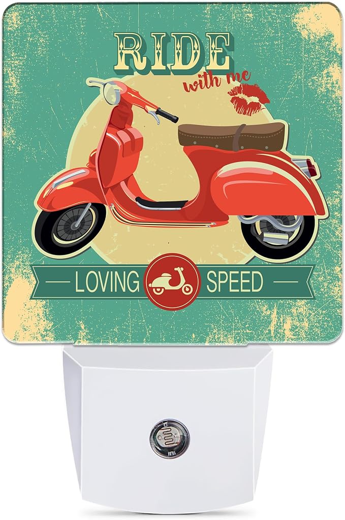 Hipster Vintage with Red Retro Bike Night Light, Dusk to Dawn Smart Sensor Nightlight for Bedroom Bathroom Kitchen Hallway Stairs Hallway, Plug-in, Energy Efficient Decor Desk Lamp Gifts