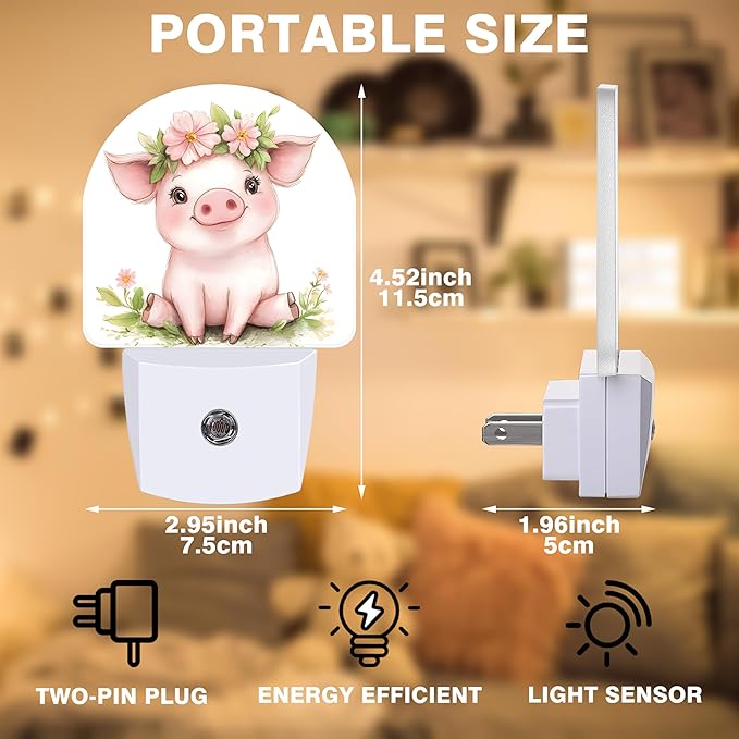 Night Lights Plug into Wall Cute Pig with Flower Crown Night Light Dusk to Dawn Smart Sensor Decorative Round Led Lamp for Bedroom Kitchen Hallway Nightlight for Women Men