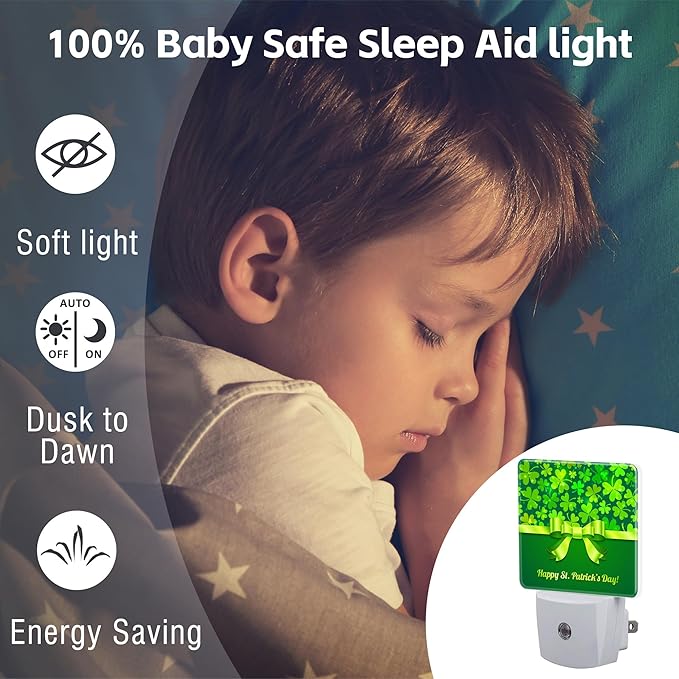 Happy St Patrick's Day Night Light Plug into Wall,Green Saint Patrick's Shamrock Dusk to Dawn Night Light Plug in,0.5w Energy Saving Sleep Friendly NightLight for Kids Boys Girls Home Decor