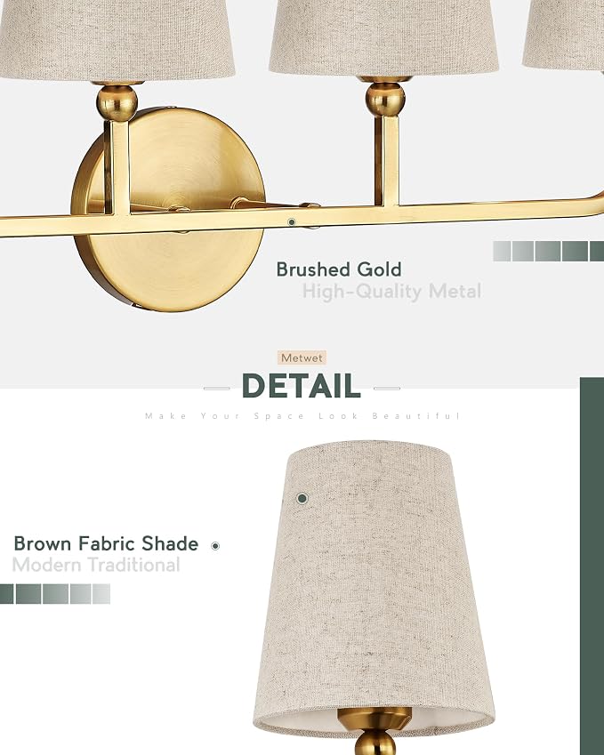 4-Light Brushed Gold Bathroom Vanity Light, Brown Linen Fabric Shade | 28 Inch gold bathroom light fixture over mirror, UL listed, E26 bulbs, hardwired, upward only, VL837-BG-L-4