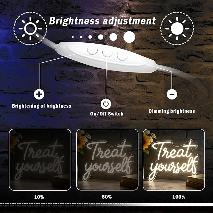 Treat Yourself Neon Signs, Warm White Dimmable LED Word Sign for Wall Decor | Treat Yourself Light Sign for Bedroom Wall Letter Neon Lights Wedding Sign Room Decor for Birthday Gift Party Home Decor Bar