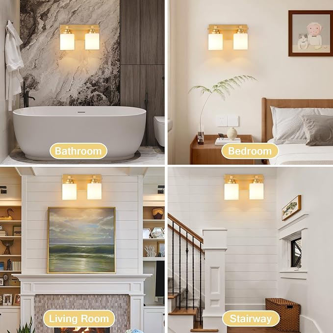Modern Bathroom Light Fixtures Over Mirror, Vanity Lights for Bathroom Wall Sconces with Milky White Glass Shades, E26 Socket (Bulbs Not Included), 2 Light, Brass