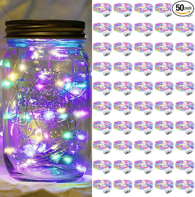 50 Pack Fairy Lights 7Ft 20 LED Twinkle String Lights 3 Modes Battery Operated Waterproof Firefly Starry for Mason Jar Party Wedding Easter Valentines Day Table Centerpieces,Rainbow-Pastel