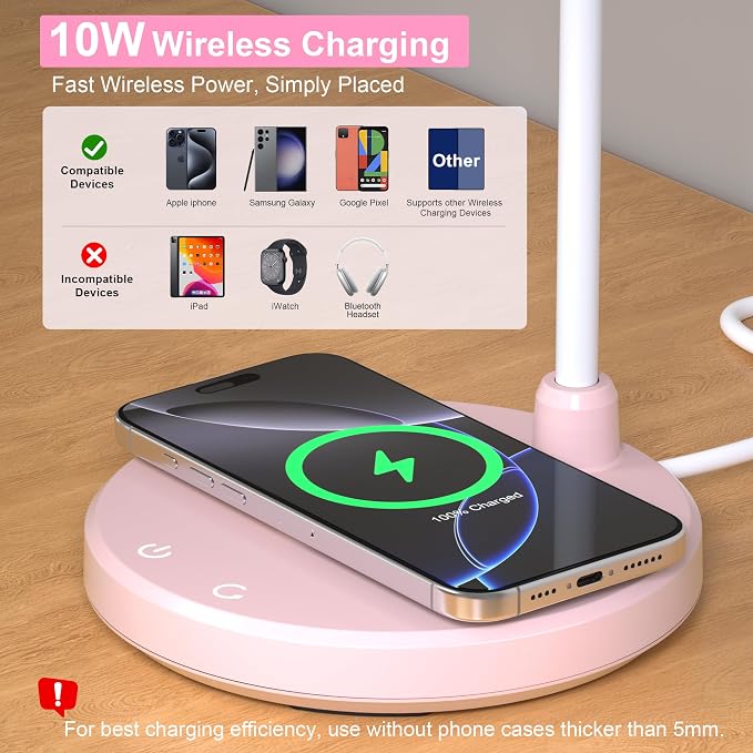 LED Desk Lamp for Home Office with Wireless Charger, Pink | 3 Color Modes Dimmable Eye-Caring Study Reading Dorm Desk Lamp, 360° Flexible Arm Table Lamp for College Dorm Room, 800 Lumen