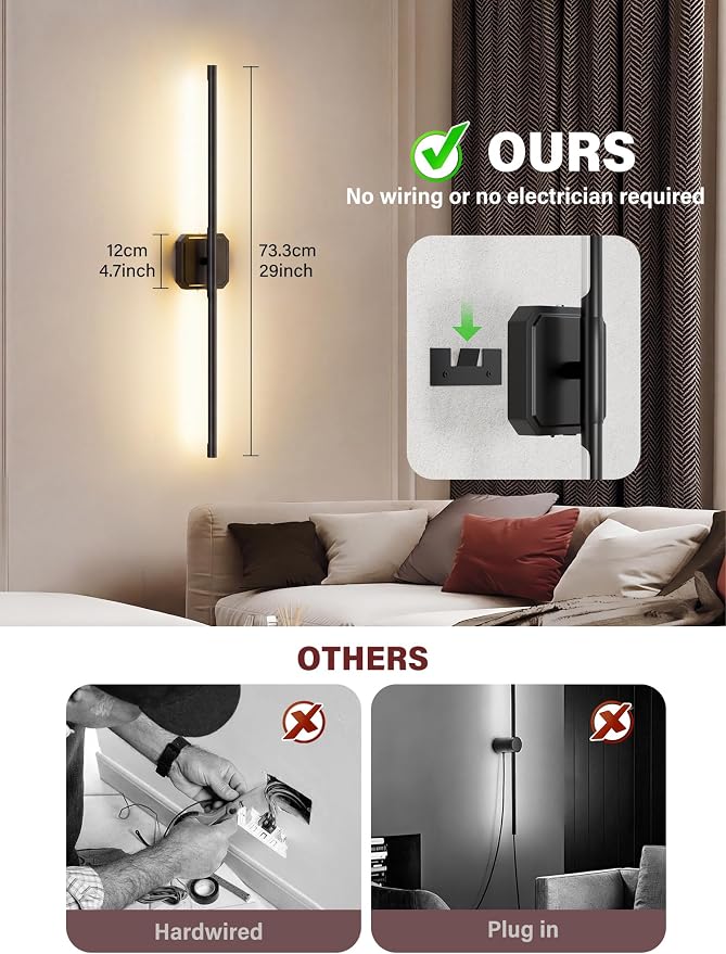 Battery Operated Wall Sconces Set of Two, Wireless Wall Lights Touch & Remote Control Rechargeable LED Wall Lamp 2700K-6000K Dimmable Lights for Living Room Bedroom Bathroom Hallway( 29 ", Black)
