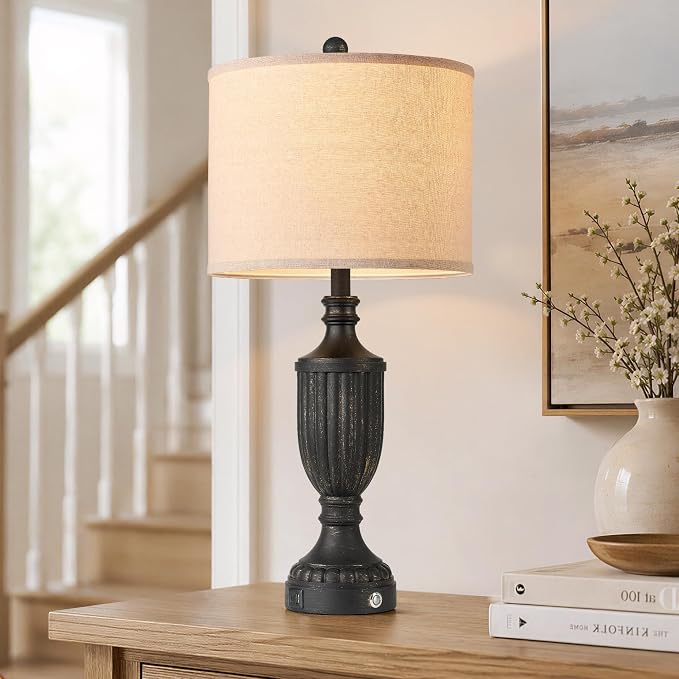 Black Farmhouse Lamps for Living Room Set of 2, 27.5" Bedroom Lamps Set of 2 with USB Ports, Dimmable Rustic Bedside Lamps Nightstand Lamps