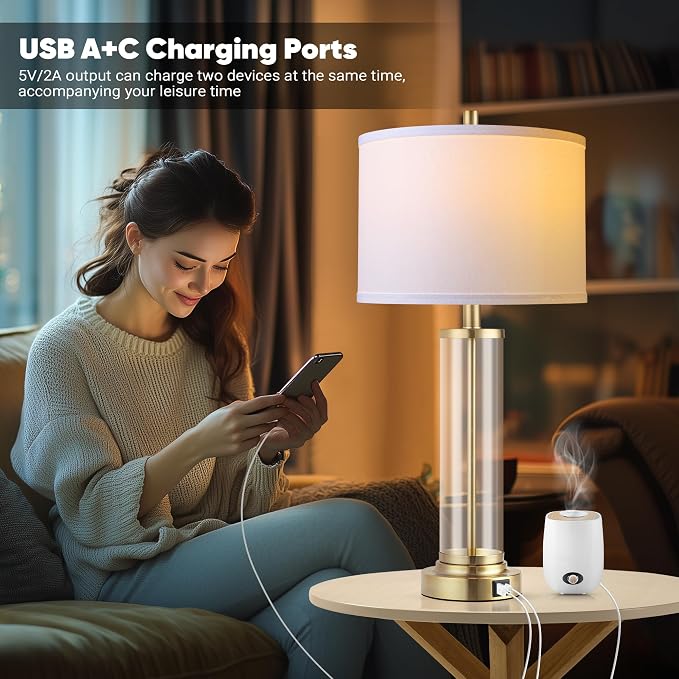 QiMH Lamps for Bedrooms Set of 2, Touch Control Table Lamps with USB A+C Ports, 3-Way Dimmable Bedside Lamp with Fabric Lampshade, Modern Nightstand Lamp for Living Room Bedroom (LED Bulbs Included) | 2 Dimmable LED Bulbs, USB A+C Charging Ports, Moder...