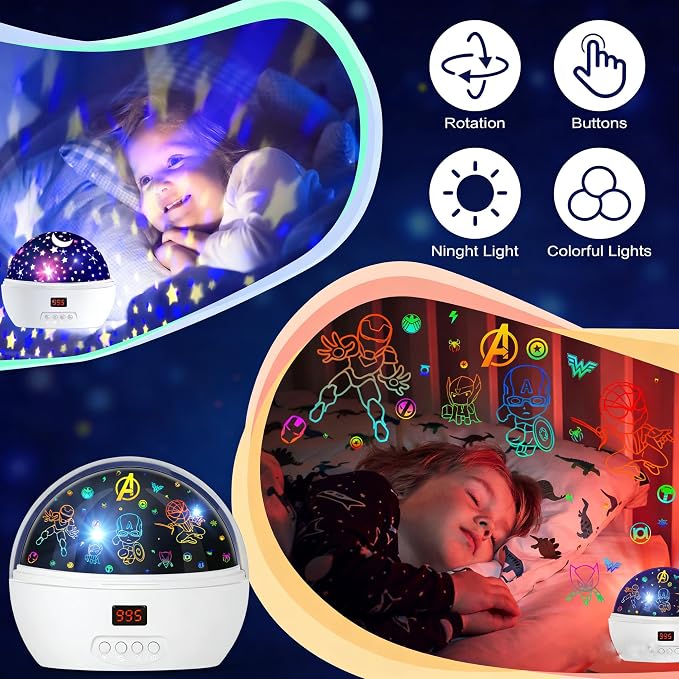 MOKOQI Kid Light Projector Superhero Toys for Boys 5-7 Avengers Night Light | Projector with Timer for Kids Room, 360 Degree Rotation Toddler Nightlights with Spiderman Figurine Star Lamps White